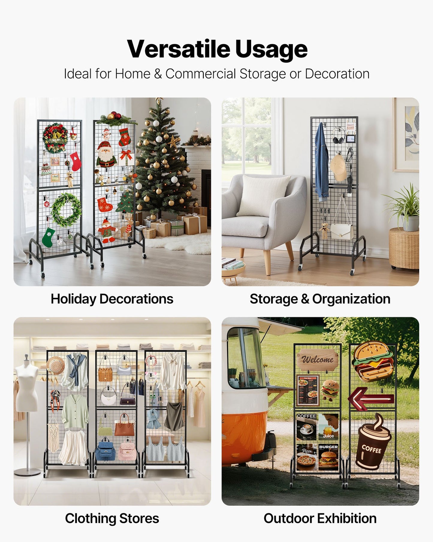 3 Packs Grid Wall Panels, 600 x 1640mm Wire Grid Panels Display Rack, Movable Art Display Shelf with Wheels and 30 Hooks, Black Carbon Steel Gridwall for Craft Show, Decor, Storage, Notice Board