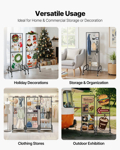 3 Packs Grid Wall Panels, 600 x 1640mm Wire Grid Panels Display Rack, Movable Art Display Shelf with Wheels and 30 Hooks, Black Carbon Steel Gridwall for Craft Show, Decor, Storage, Notice Board
