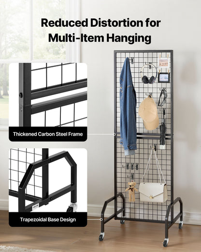 Grid Wall Panel, 600 x 1640 mm Wire Grid Panels Display Rack, Movable Art Display Shelf with Wheels and 10 Hooks, Black Carbon Steel Gridwall for Craft Show, Decoration, Storage, Notice Board