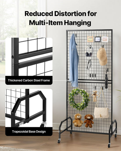 2 Packs Grid Wall Panels, 898 x 1798 mm Wire Grid Panels Display Rack, Movable Art Display Shelf with Wheels & 10 Hooks, Black Carbon Steel Gridwall for Craft Show, Decor, Storage, Notice Board