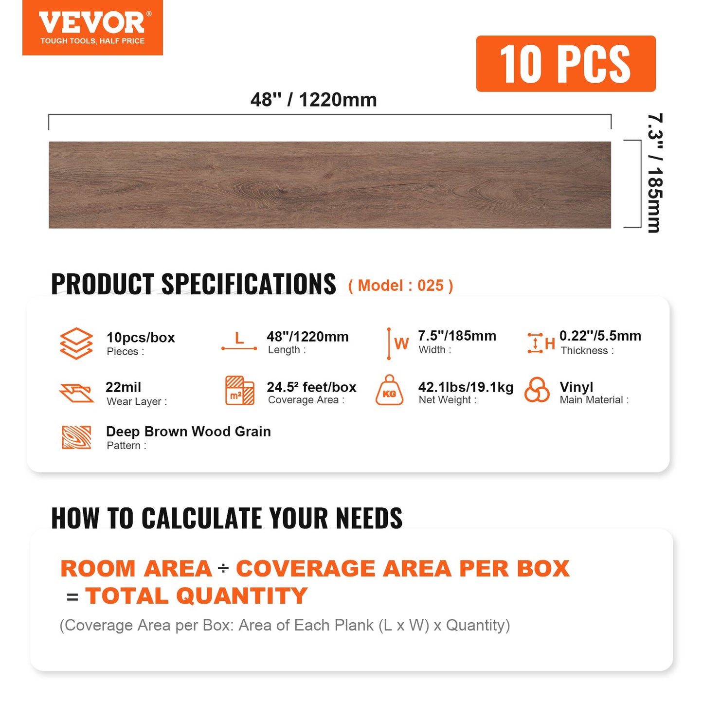 VEVOR Interlocking Vinyl Floor Tiles 48 x 7.3 inch, 10 Tiles 5.5mm Thick Snap Together,