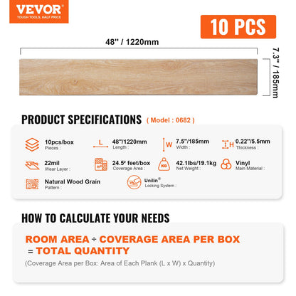 VEVOR Interlocking Vinyl Floor Tiles 48 x 7.3 inch, 10 Tiles 5.5mm Thick Snap Together,