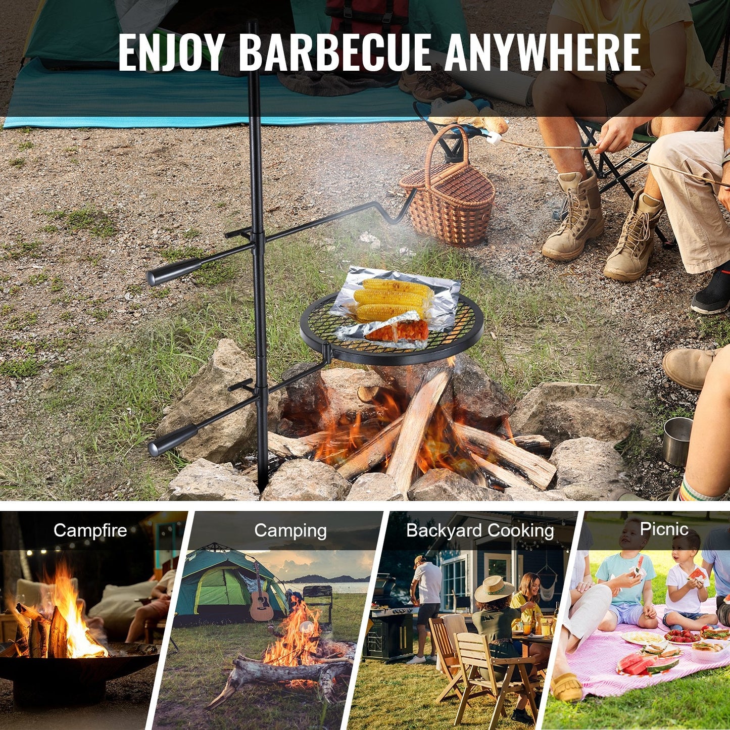Adjustable Heavy Duty Steel Campfire Grill with Swivel Design for Open Fire Cooking