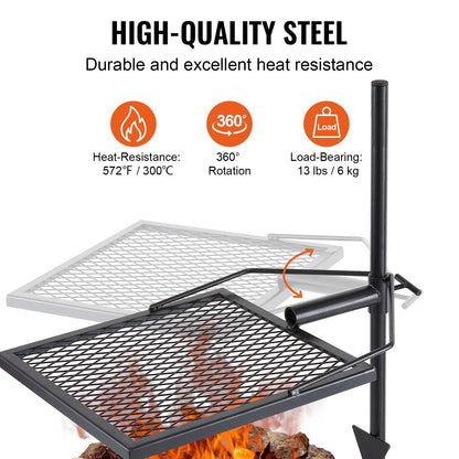 Heavy Duty Swivel Campfire Grill - 360° Adjustable Outdoor Cooking Equipment