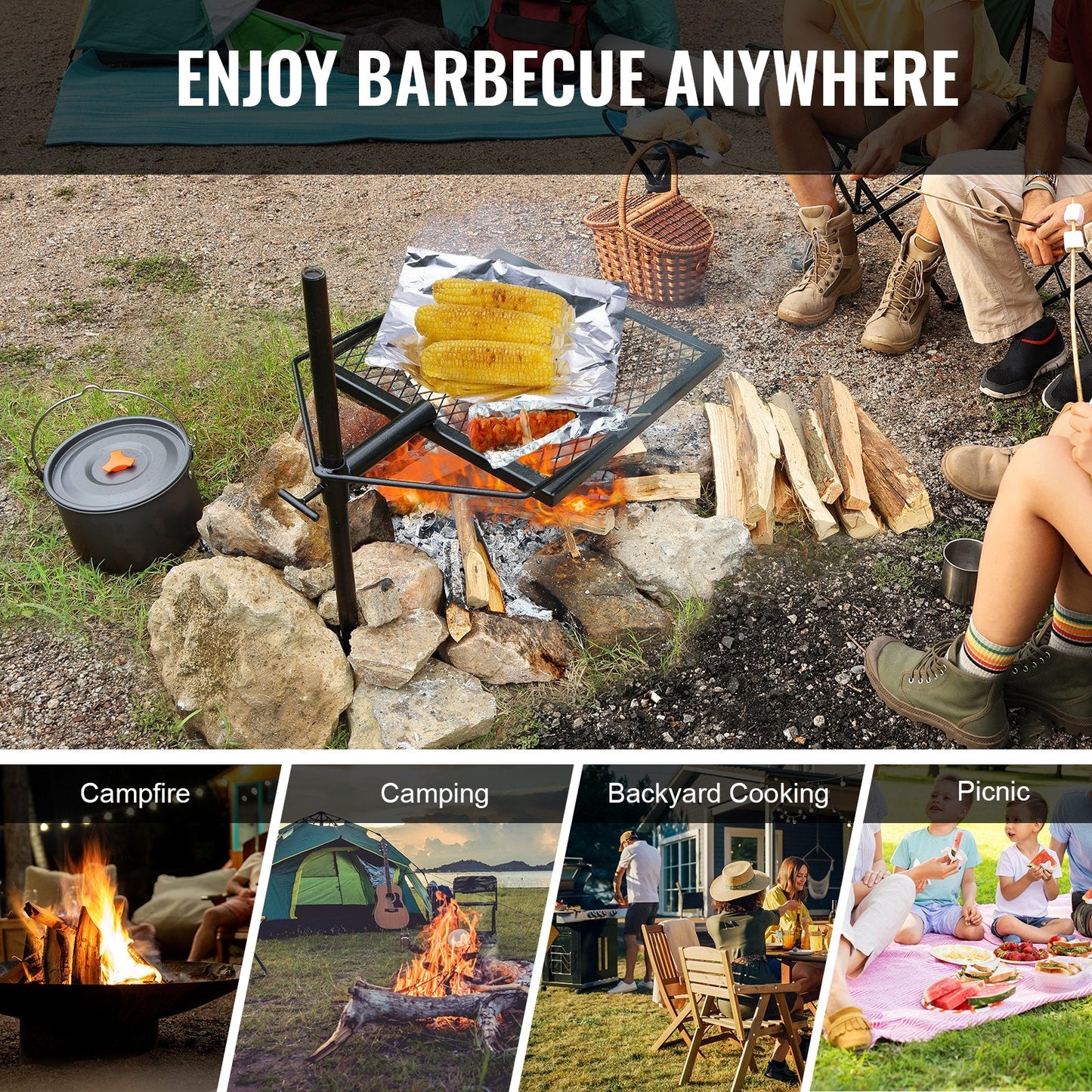 Heavy Duty Swivel Campfire Grill - 360° Adjustable Outdoor Cooking Equipment