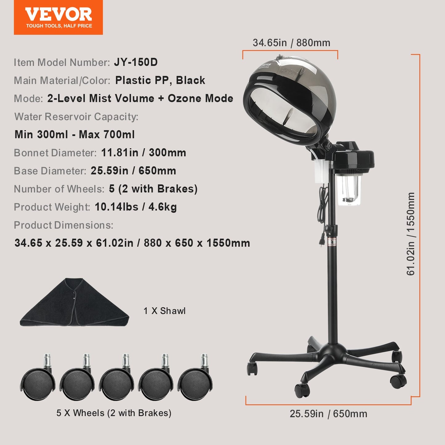 VEVOR Professional Hair Steamer for Deep Conditioning, 11.81-inch Hooded Ionic Hair