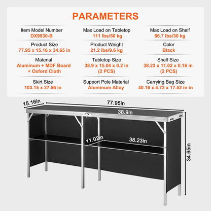 Portable Folding Bar Table with Carrying Bag, 50 kg Capacity, 2.6 m Skirt, Black