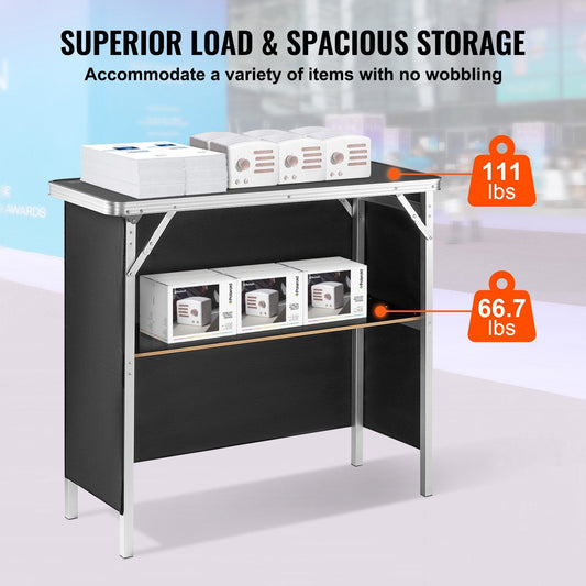 Folding Portable Bar Table with Storage Shelf for Events and Exhibitions, Black