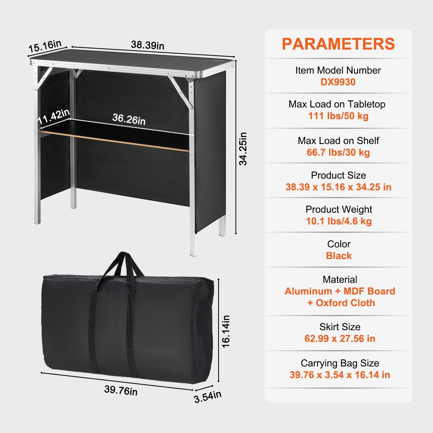 Folding Portable Bar Table with Storage Shelf for Events and Exhibitions, Black