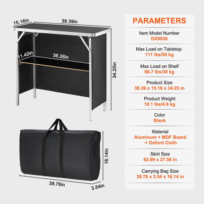 Folding Portable Bar Table with Storage Shelf for Events and Exhibitions, Black
