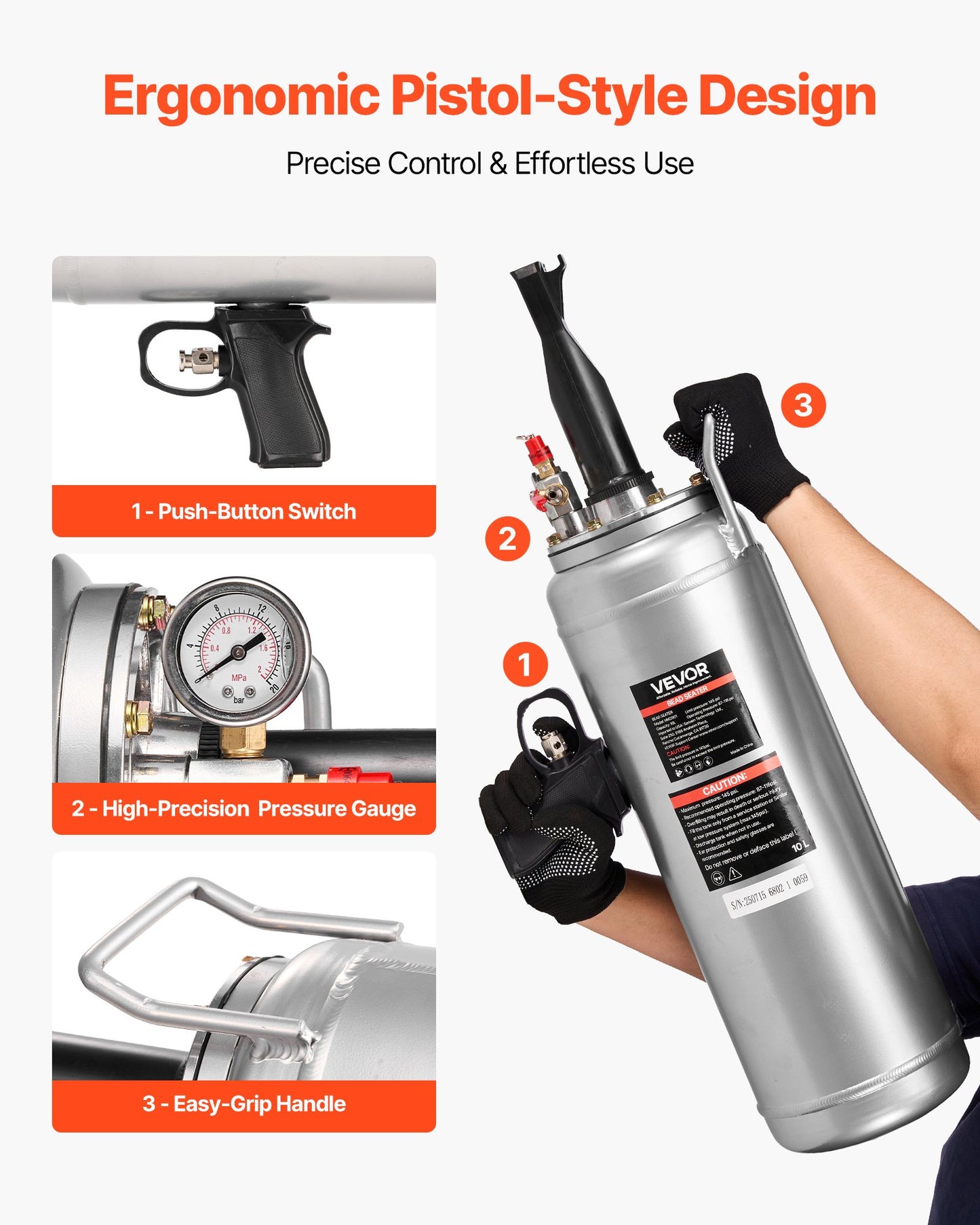 Portable Tire Bead Seater, 2.6 Gal/10 L Air Bead Blaster, Handheld Tire Inflator Tool, 87-116 PSI Operating Pressure, Trigger Seating Inflator for Car, Compact SUV, Light Truck, E-Bike, RV, ATV