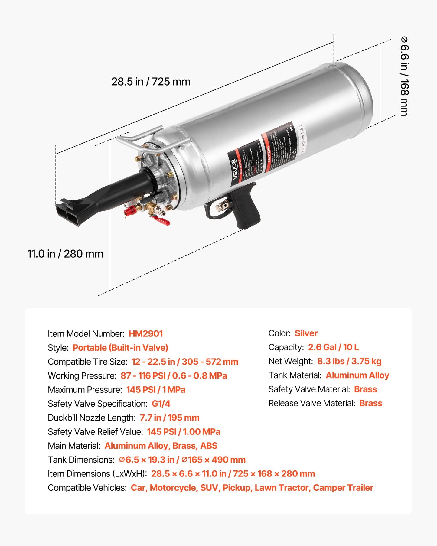 Portable Tire Bead Seater, 2.6 Gal/10 L Air Bead Blaster, Handheld Tire Inflator Tool, 87-116 PSI Operating Pressure, Trigger Seating Inflator for Car, Compact SUV, Light Truck, E-Bike, RV, ATV