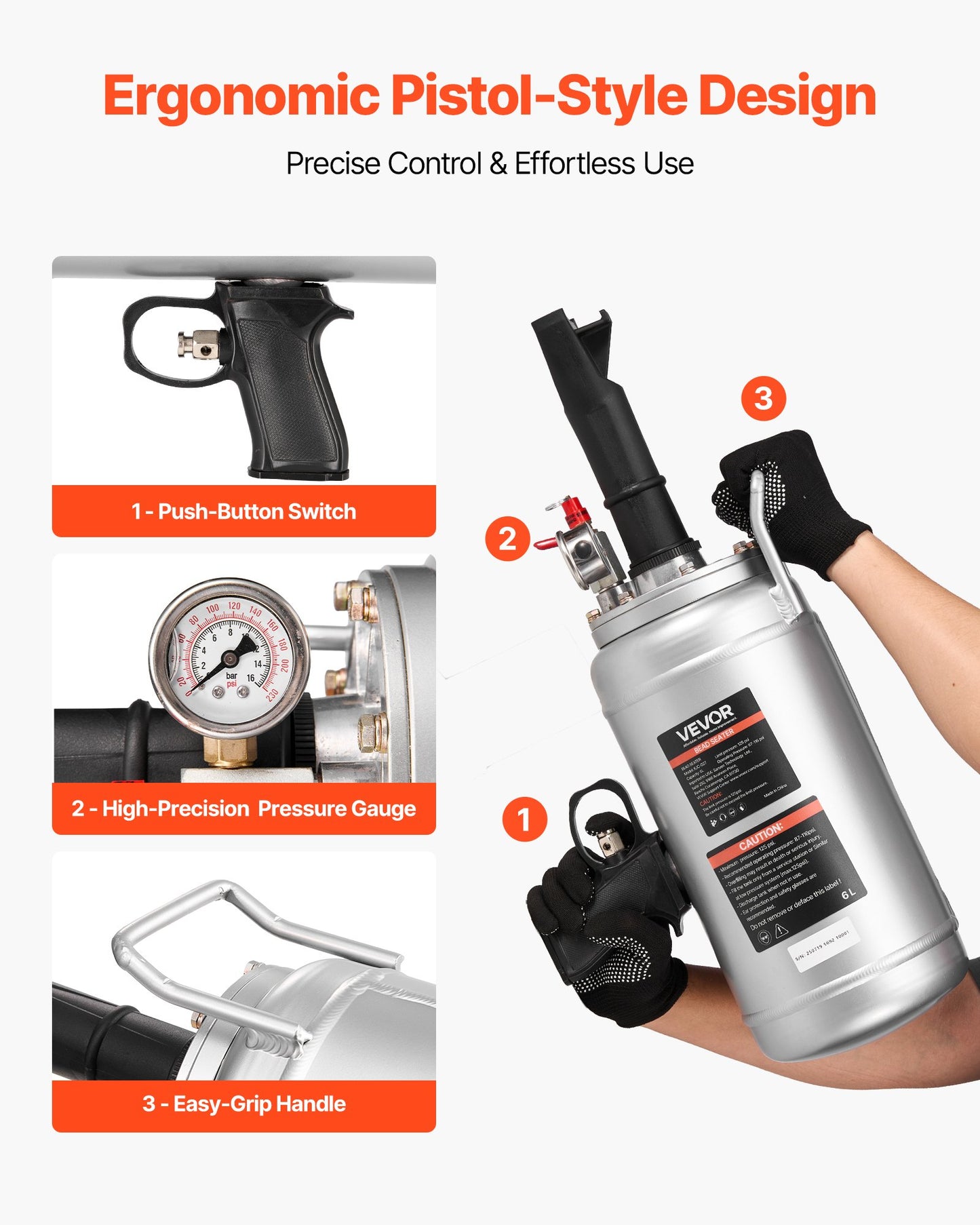 Portable Tire Bead Seater, 1.6 Gal / 6 L Air Bead Blaster, Handheld Tire Inflator Tool, 87-116 PSI Operating Pressure, Trigger Seating Inflator for Car, Compact SUV, Light Truck, E-Bike, RV, ATV