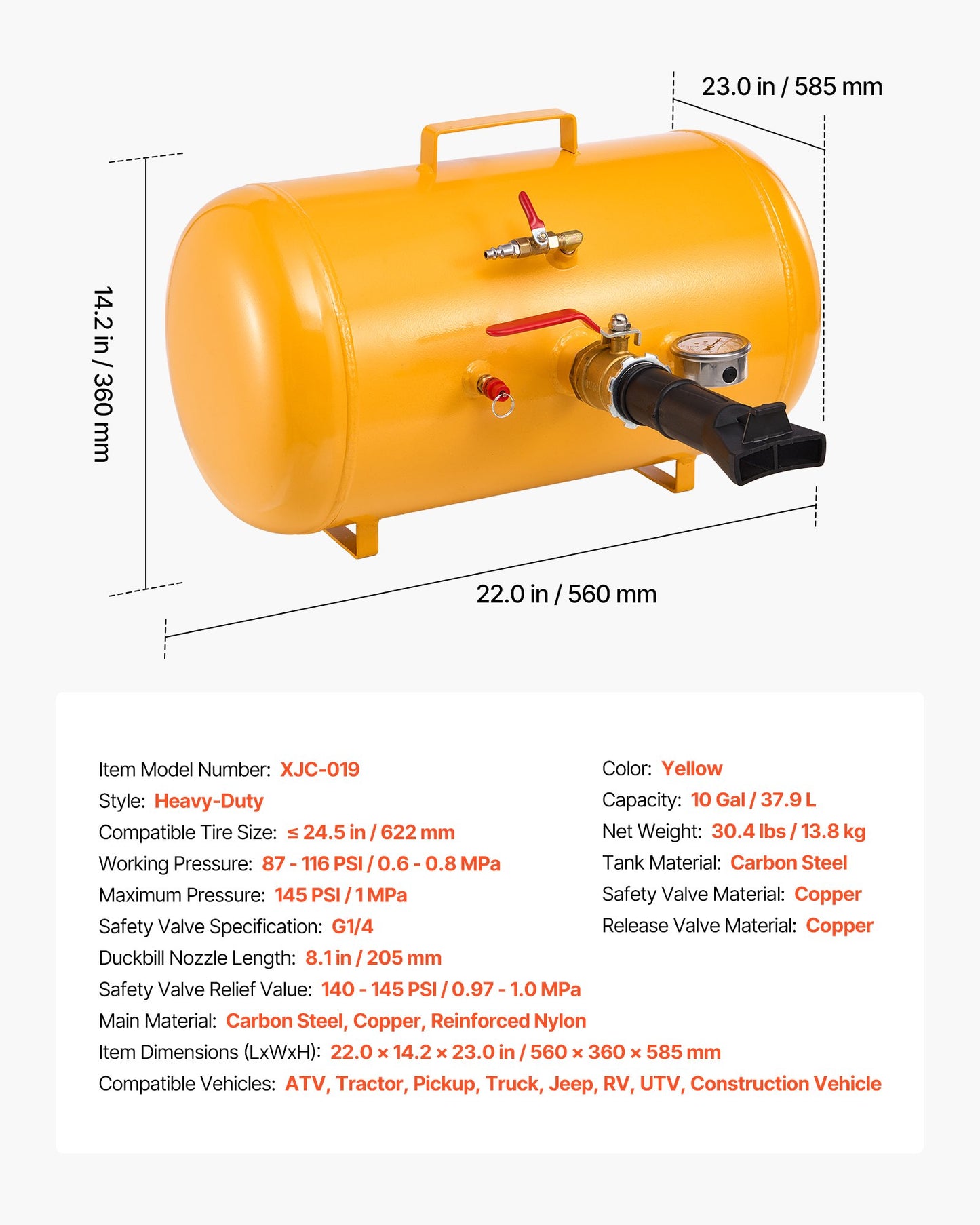 Air Tire Bead Seater, 10 Gal / 37.9 L, Heavy Duty Tire Bead Blaster Tool, 87-116 PSI Operating Pressure, Air Trigger Seating Inflator for ATV, Tractor, Pickup, Truck, Jeep, RV, UTV, Yellow