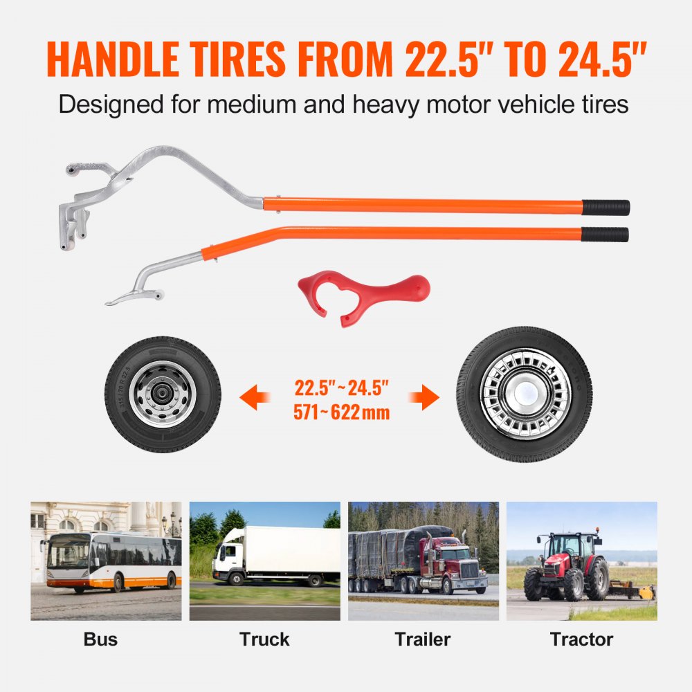 VEVOR Tire Mount Demount Tool, 571-622 mm Manual Steel Tire Changer Mount Demount Removal Tool, with Extra Bead Keeper, Tubeless Truck Bead Breaker, 3 PCS Tire Changing Tools, Orange
