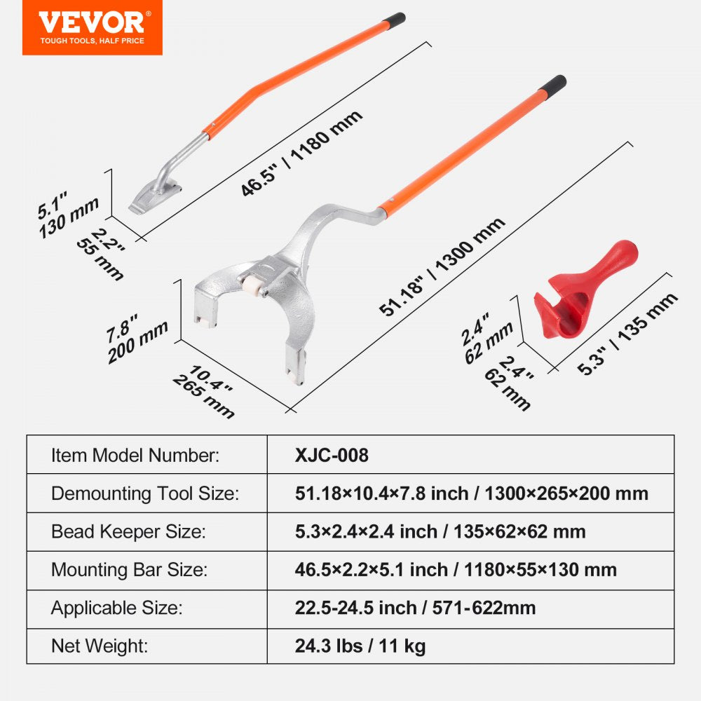VEVOR Tire Mount Demount Tool, 571-622 mm Manual Steel Tire Changer Mount Demount Removal Tool, with Extra Bead Keeper, Tubeless Truck Bead Breaker, 3 PCS Tire Changing Tools, Orange