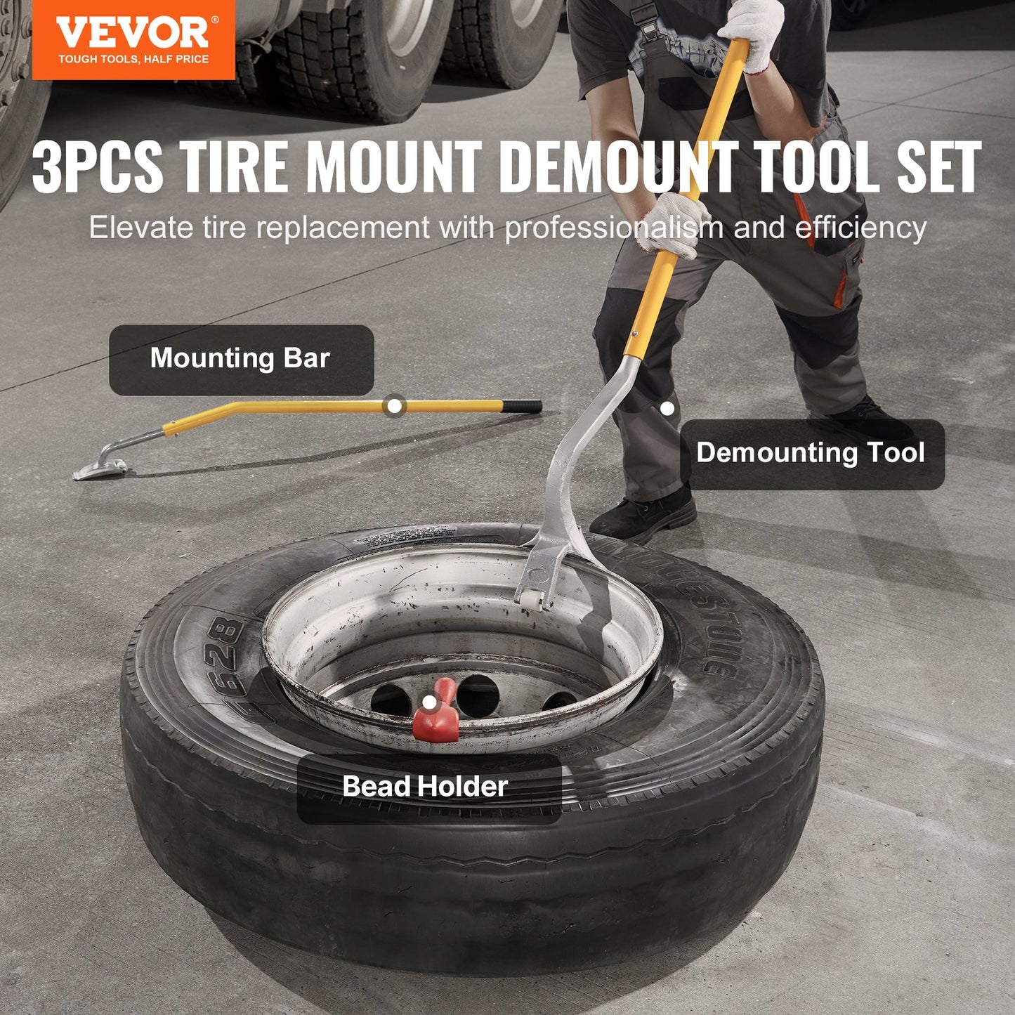 Tire Mount Demount Tool, 571- 622 mm Manual Steel Tire Changer Mount Demount Removal Tool, with Extra Bead Holder, Tubeless Truck Bead Breaker, 3 PCS Tire Changing Tools, Orange
