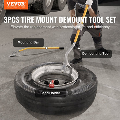 Tire Mount Demount Tool, 571- 622 mm Manual Steel Tire Changer Mount Demount Removal Tool, with Extra Bead Holder, Tubeless Truck Bead Breaker, 3 PCS Tire Changing Tools, Orange