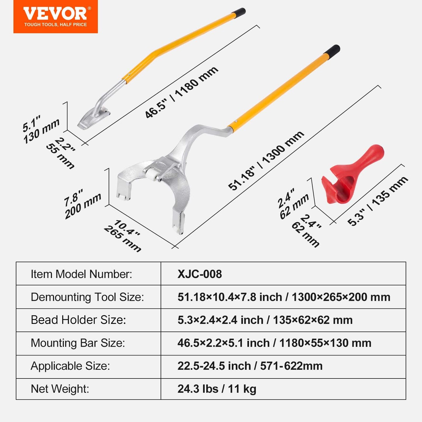 Tire Mount Demount Tool, 571- 622 mm Manual Steel Tire Changer Mount Demount Removal Tool, with Extra Bead Holder, Tubeless Truck Bead Breaker, 3 PCS Tire Changing Tools, Orange