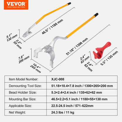 Tire Mount Demount Tool, 571- 622 mm Manual Steel Tire Changer Mount Demount Removal Tool, with Extra Bead Holder, Tubeless Truck Bead Breaker, 3 PCS Tire Changing Tools, Orange