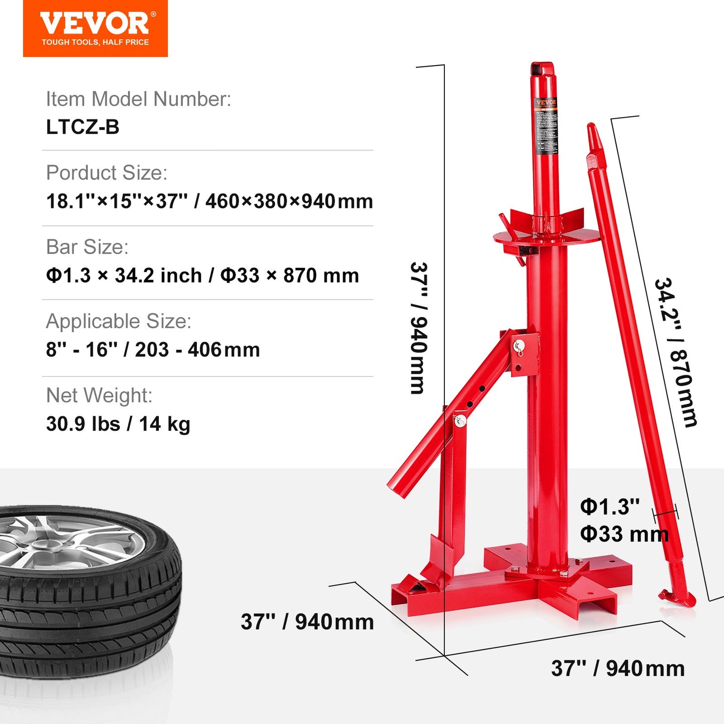 VEVOR Manual Tire Changer, Portable Hand Bead Breaker Mounting Tool for 203 - 406