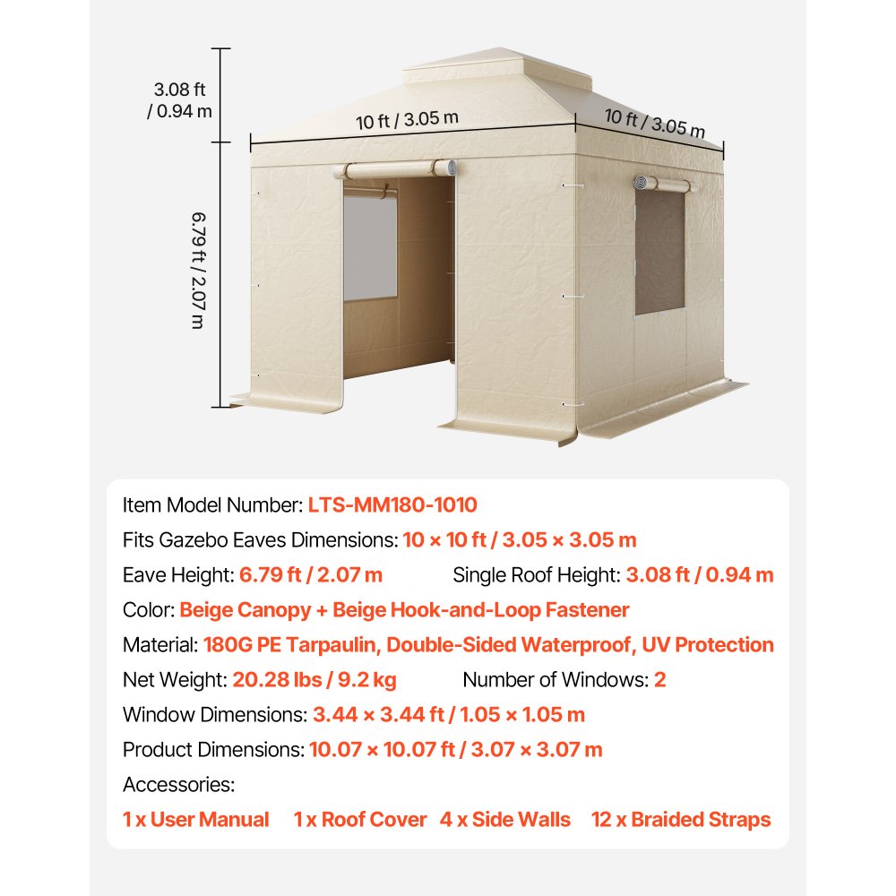 Winter Gazebo Cover Fits 3.05 x 3.05 m Hardtop Gazebos, All-Weather Double-Tiered Gazebo Cover with Sidewalls & Windows, High-Density PE Enclosed Storage Shelter Covers, Gazebos not Included