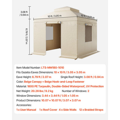 Winter Gazebo Cover Fits 3.05 x 3.05 m Hardtop Gazebos, All-Weather Double-Tiered Gazebo Cover with Sidewalls & Windows, High-Density PE Enclosed Storage Shelter Covers, Gazebos not Included