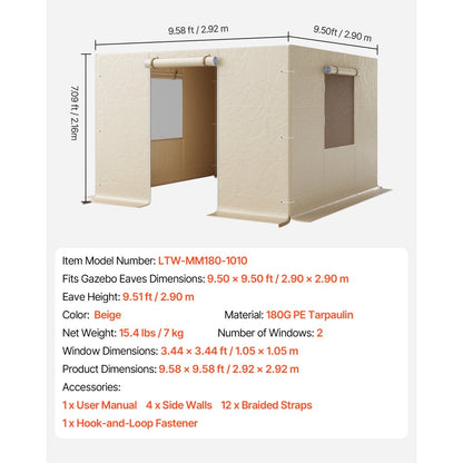 4-Panel Winter Gazebo Cover Sidewalls Fits 2.9x2.9 m Gazebos Mesh Windows