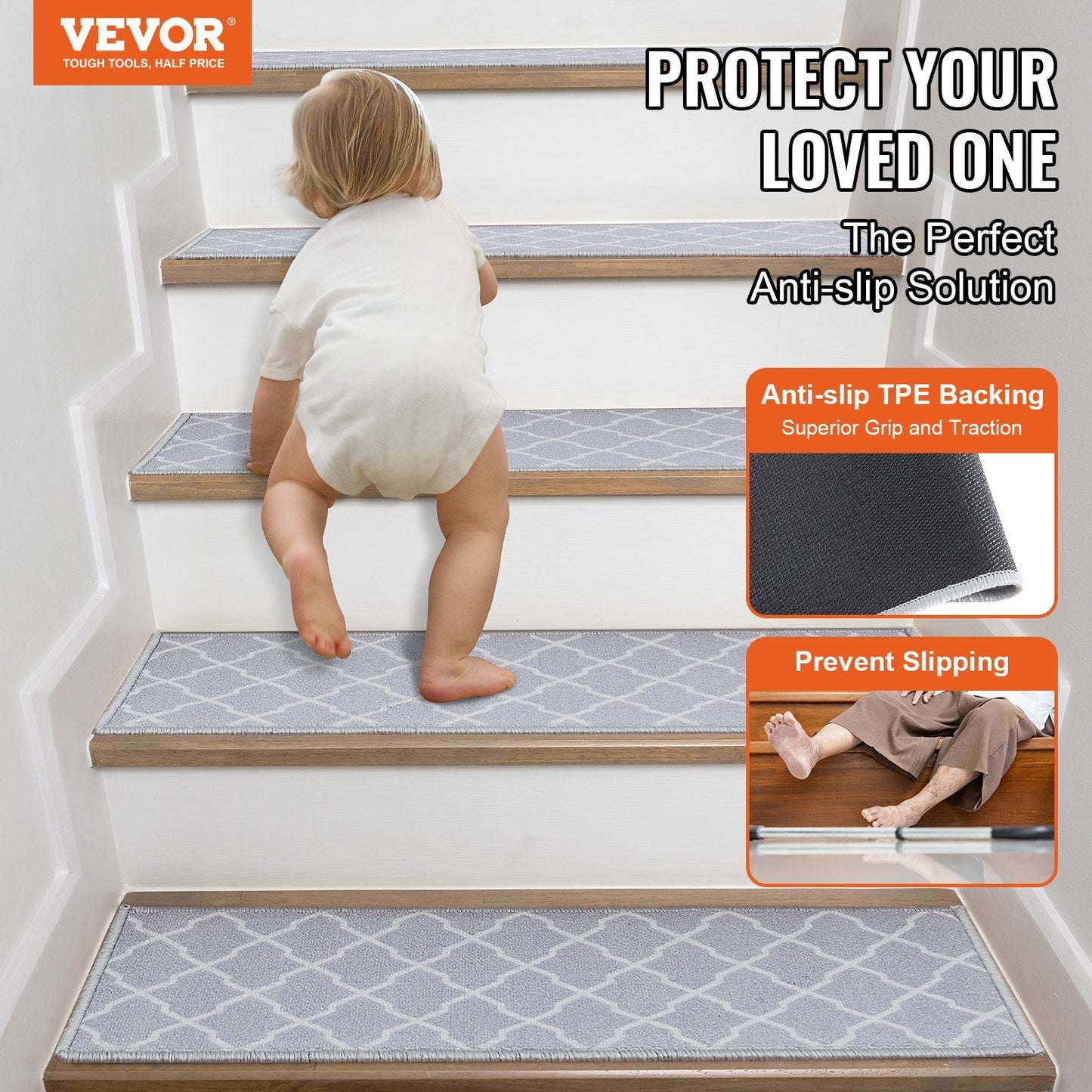 Non-Slip Stair Carpet Treads, 15-Piece Set, Light Gray, 0.71 x 0.23 Meters