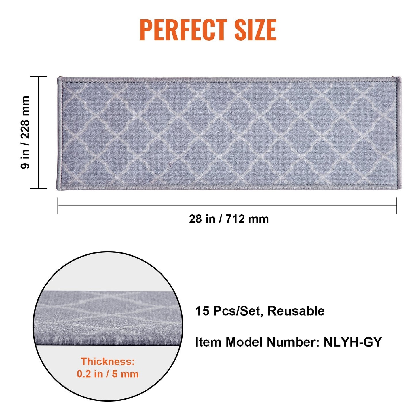 Non-Slip Stair Carpet Treads, 15-Piece Set, Light Gray, 0.71 x 0.23 Meters