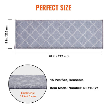 Non-Slip Stair Carpet Treads, 15-Piece Set, Light Gray, 0.71 x 0.23 Meters
