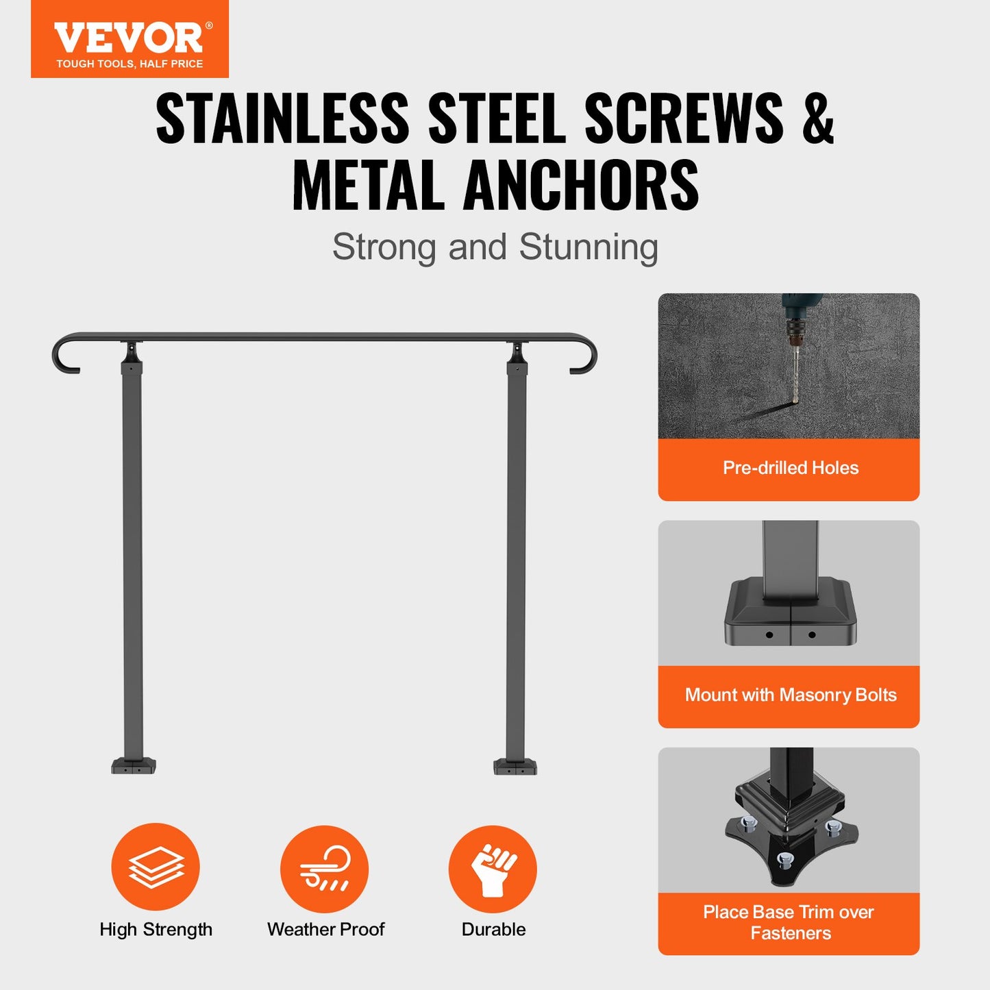 VEVOR Handrails for Outdoor Steps, Fit 1-3 Steps Wrought Iron Handrail, Outdoor