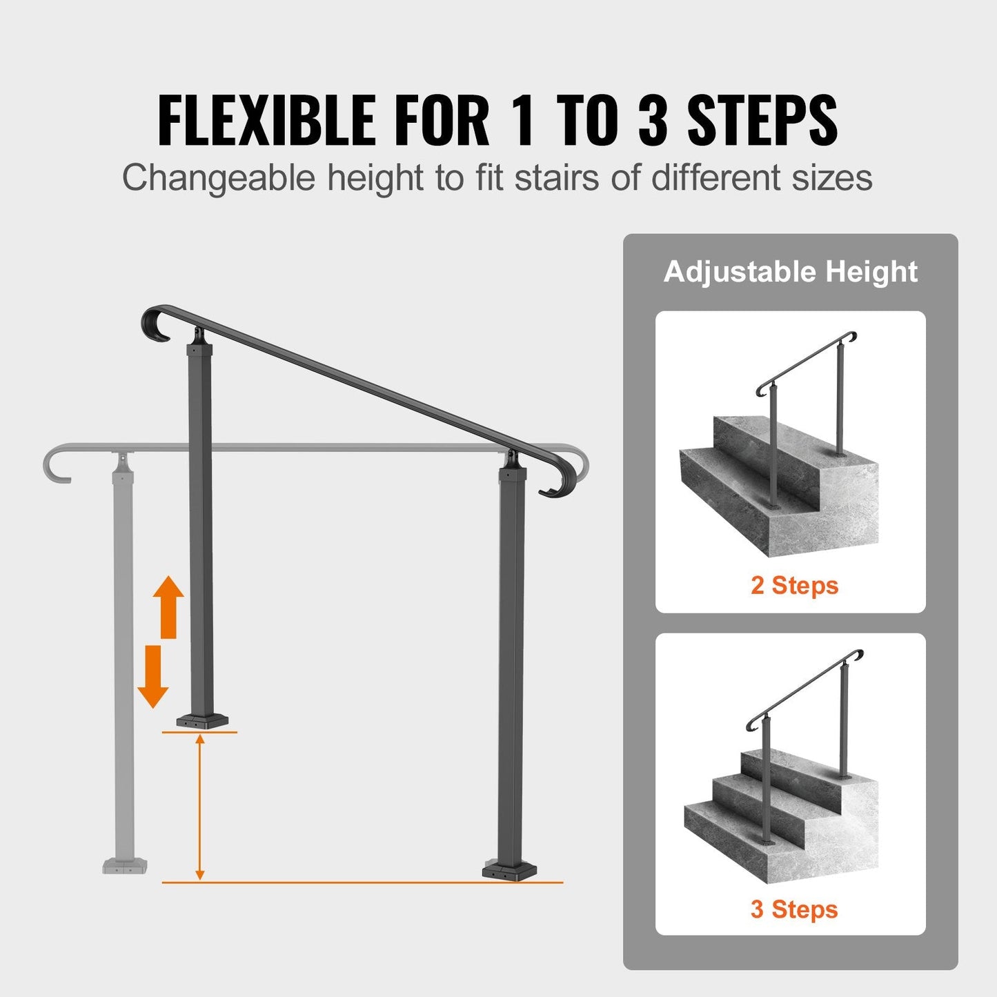 Adjustable Wrought Iron Handrail for 1-3 Steps, Black, 0.6 m Max Height