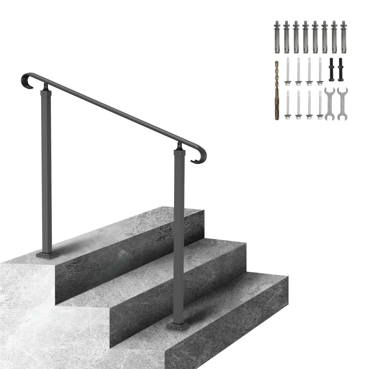 Adjustable Wrought Iron Handrail for 1-3 Steps, Black, 0.6 m Max Height