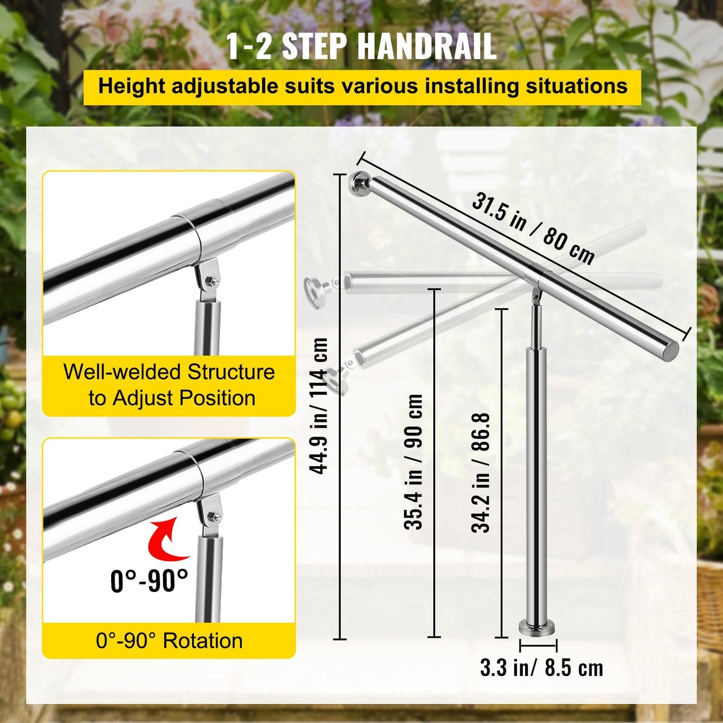 Stainless Steel Adjustable Handrail for 1-2 Steps, Indoor/Outdoor Use, Silver