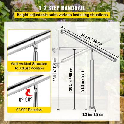 Stainless Steel Adjustable Handrail for 1-2 Steps, Indoor/Outdoor Use, Silver