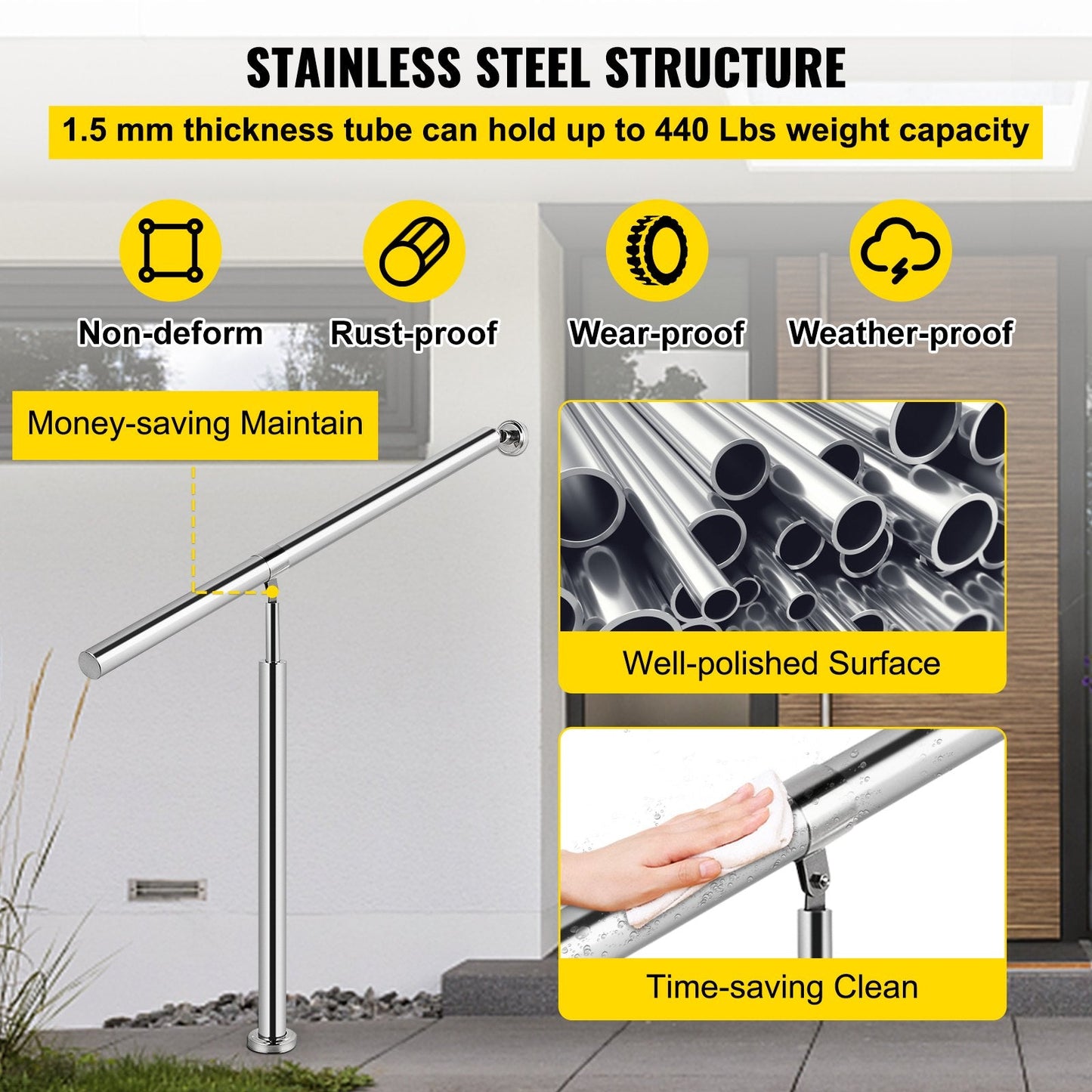 Stainless Steel Adjustable Handrail for 1-2 Steps, Indoor/Outdoor Use, Silver