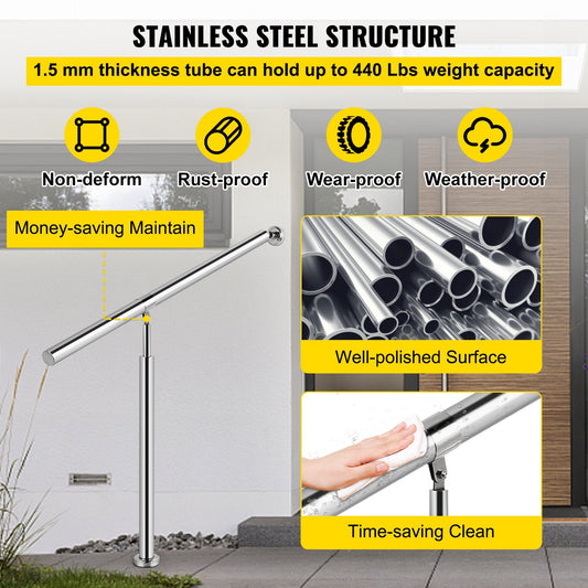 Stainless Steel Adjustable Handrail for 1-2 Steps, Indoor/Outdoor Use, Silver