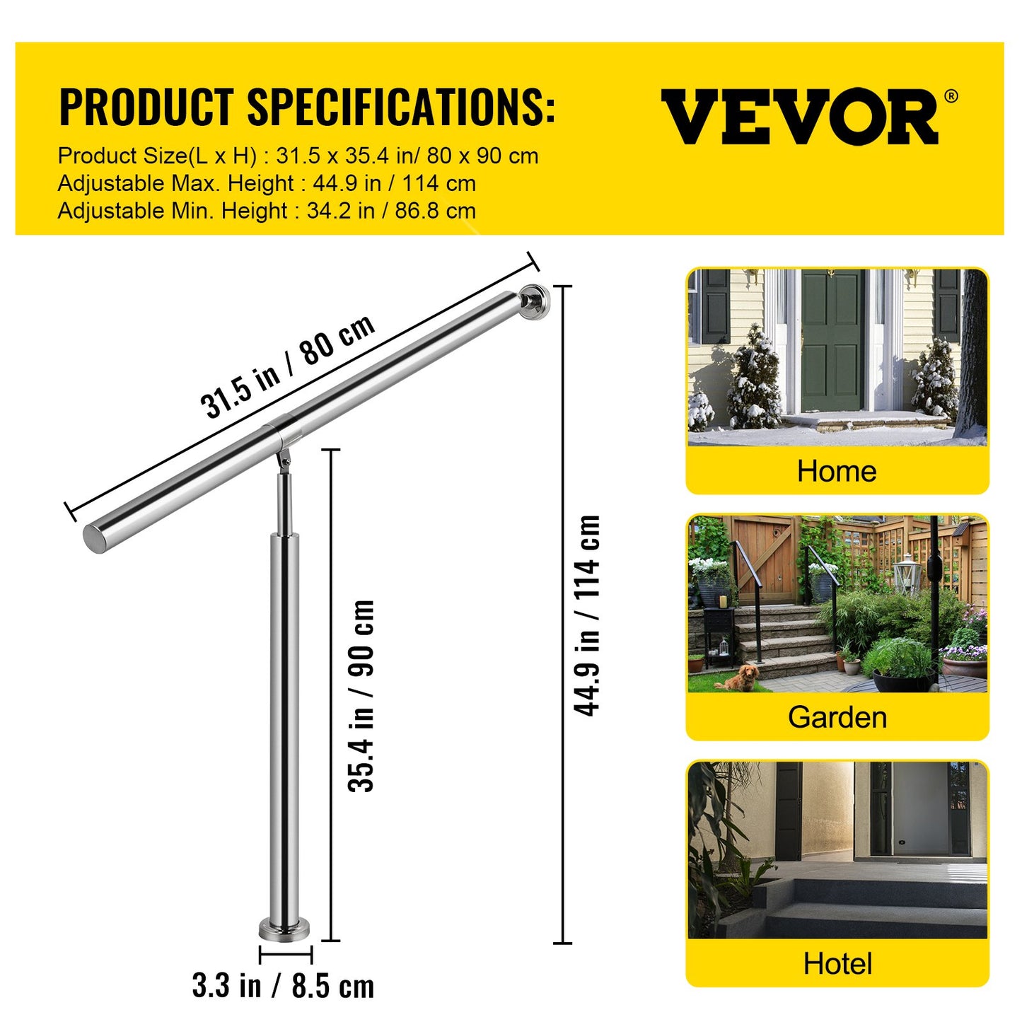 VEVOR Step Handrail 304 Stainless Steel Stair Railing 1-2 Step for Indoor and Outdoor