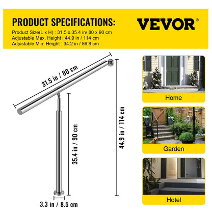 Stainless Steel Adjustable Handrail for 1-2 Steps, Indoor/Outdoor Use, Silver