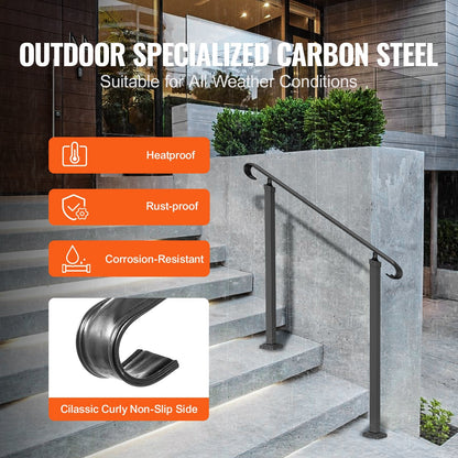 Adjustable Wrought Iron Handrail for 1-3 Outdoor Steps - Black, 97.4 cm Height