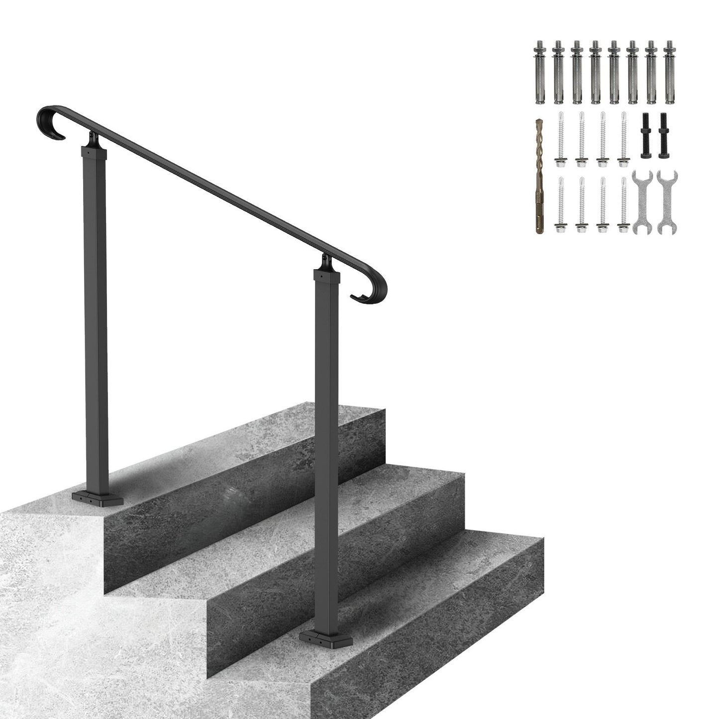 Adjustable Wrought Iron Handrail for 1-3 Outdoor Steps - Black, 97.4 cm Height