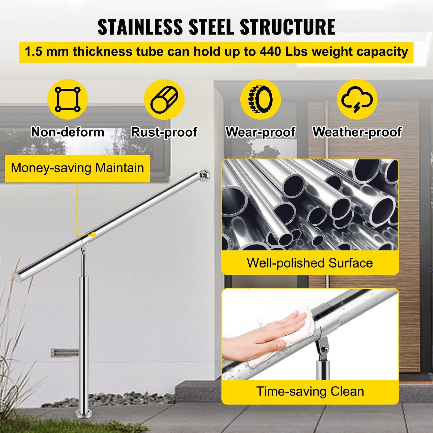Stainless Steel Handrail for Indoor/Outdoor Stairs, 150 x 80 cm, Silver