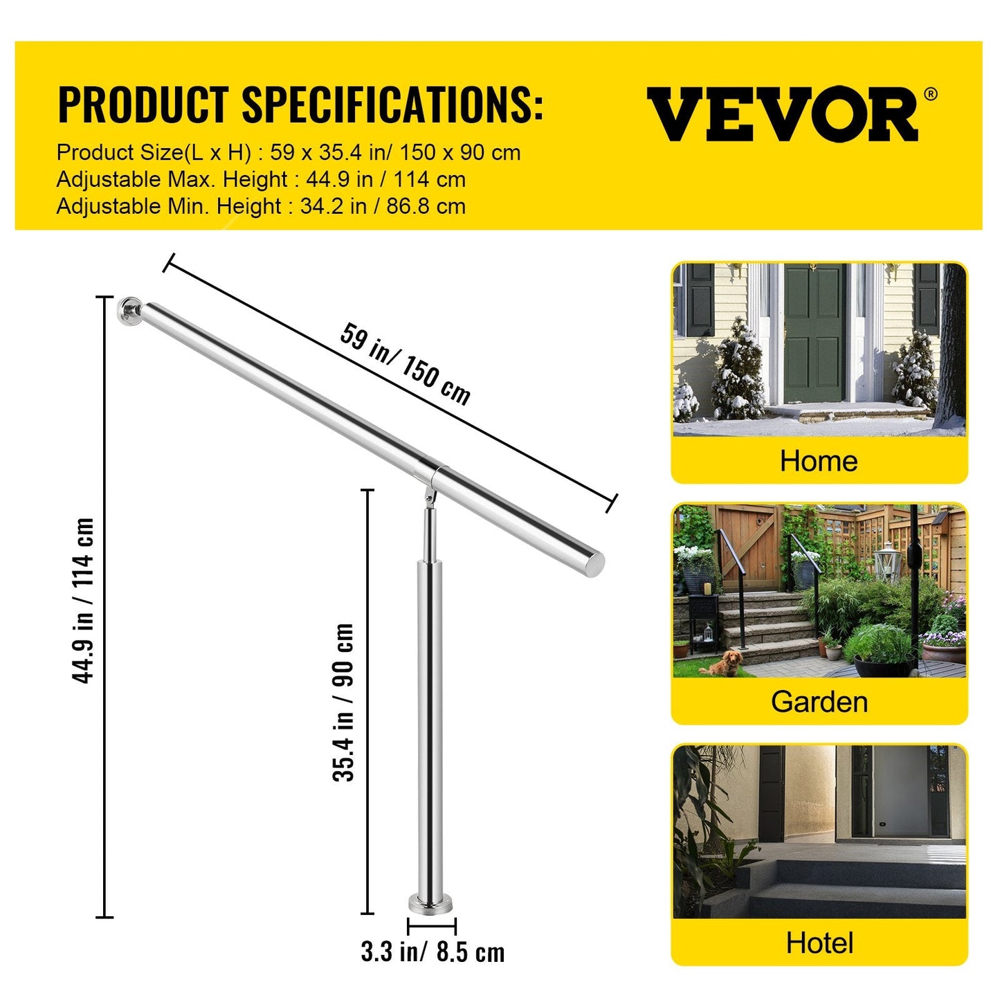 Stainless Steel Handrail for Indoor/Outdoor Stairs, 150 x 80 cm, Silver