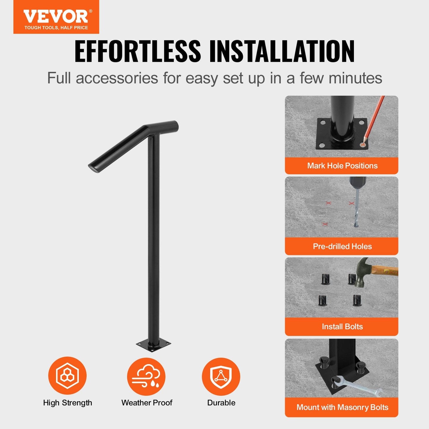 Black Steel Handrail for 1-2 Steps, 200 kg Capacity, Elegant Outdoor Railing