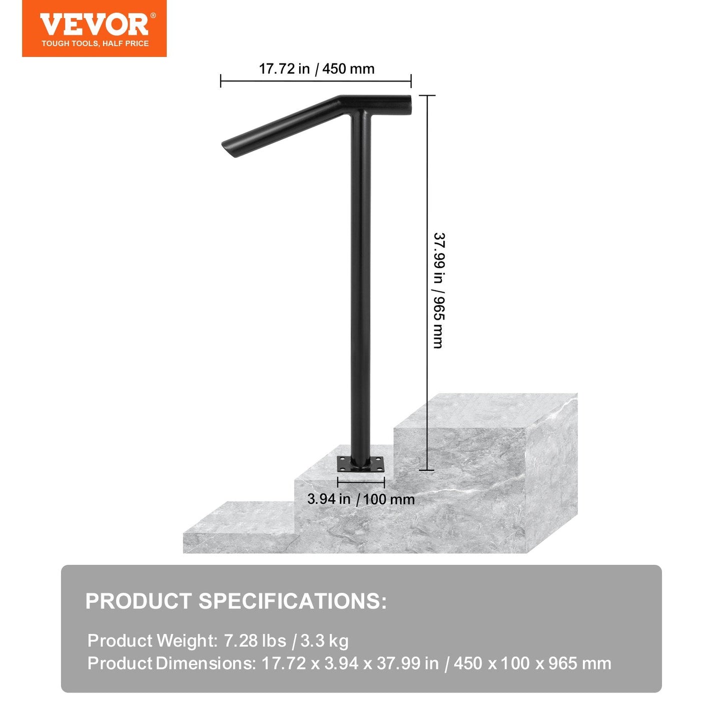 Black Steel Handrail for 1-2 Steps, 200 kg Capacity, Elegant Outdoor Railing