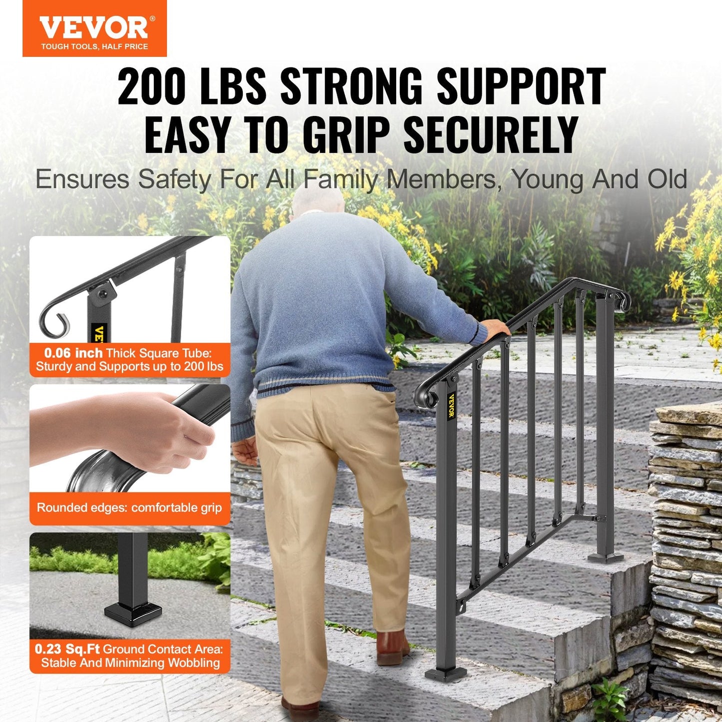 Adjustable Black Wrought Iron Handrail for 2-3 Outdoor Steps, Easy Assembly