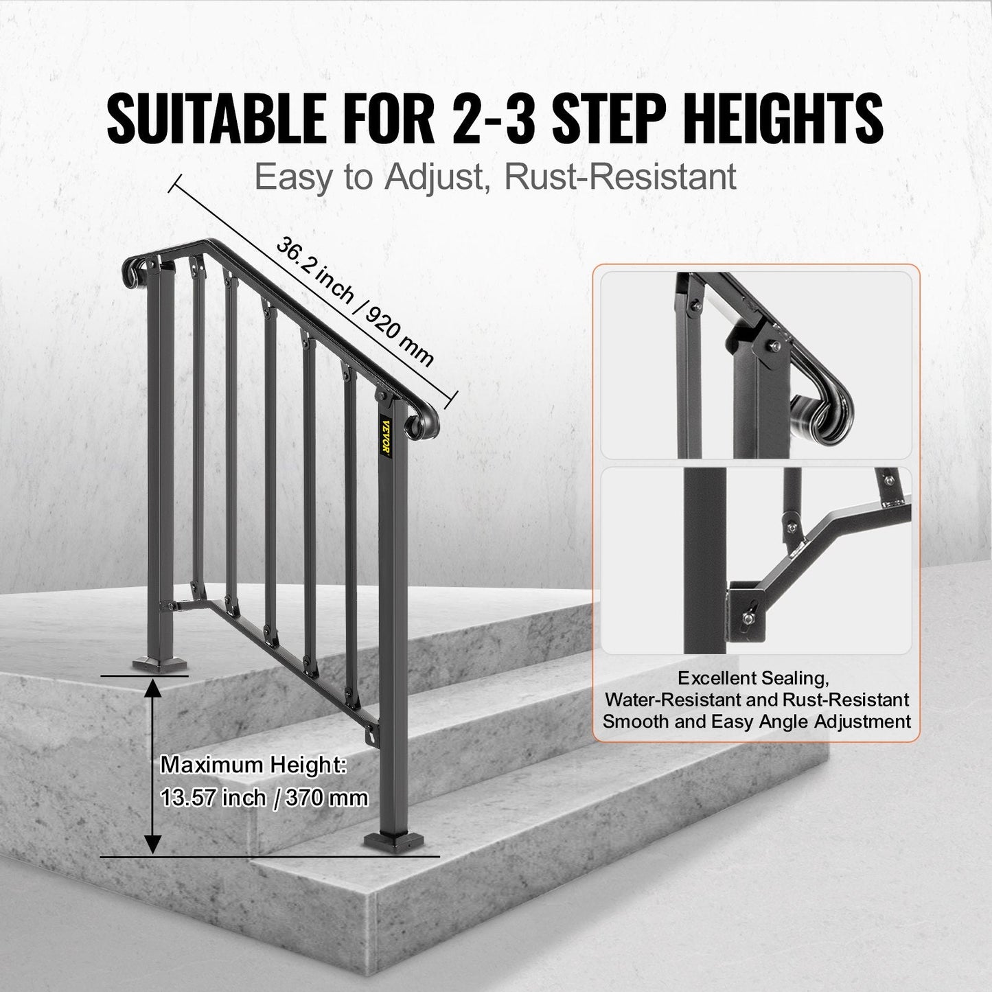 Adjustable Black Wrought Iron Handrail for 2-3 Outdoor Steps, Easy Assembly