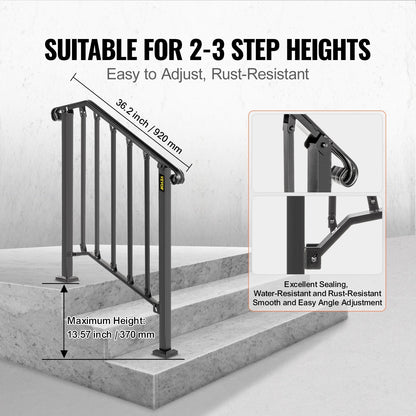 Adjustable Black Wrought Iron Handrail for 2-3 Outdoor Steps, Easy Assembly