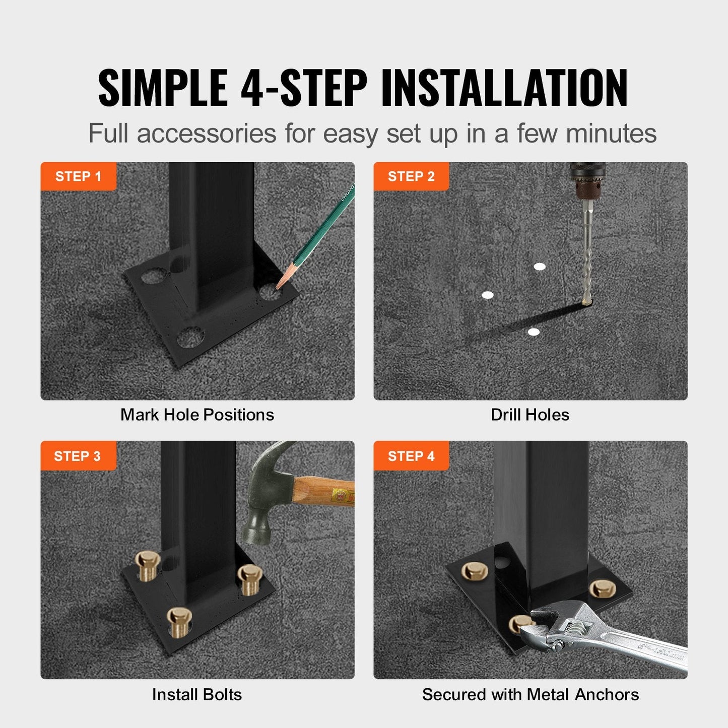 Adjustable Black Wrought Iron Handrail for 2-3 Outdoor Steps, Easy Assembly